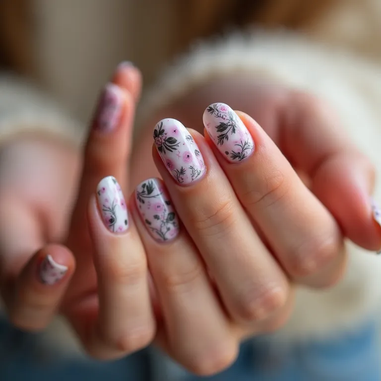 Foto de unhas de gel decoradas com flores, manicure impecável.