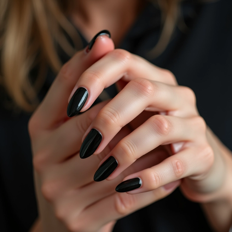 Foto de unhas de gel pretas elegantes, close-up.