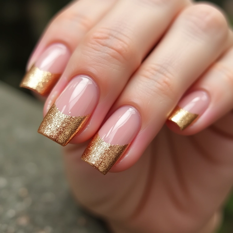 Francesa com glitter dourado, elegante e sofisticada.