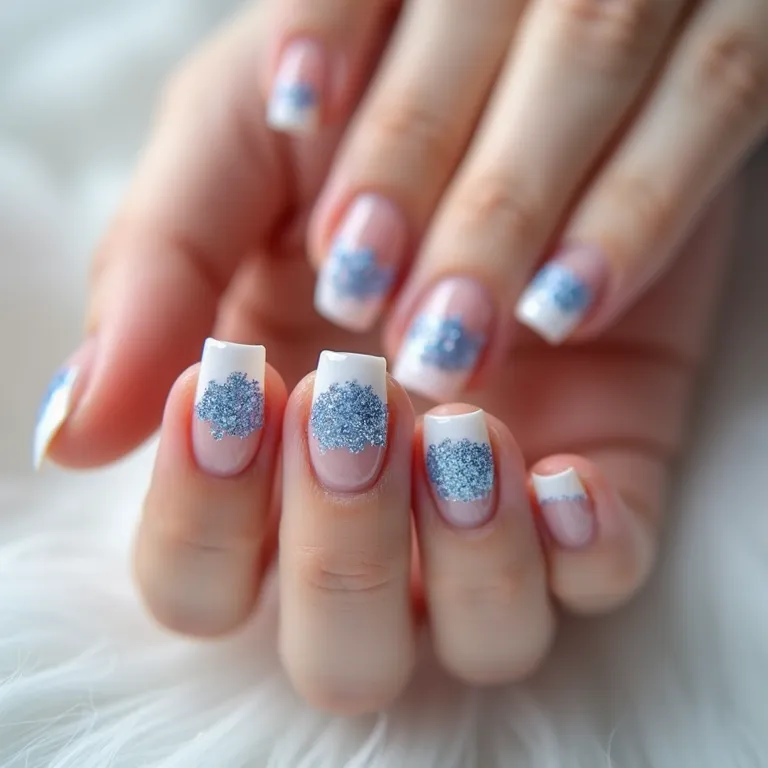 Francesinha azul com glitter em unhas de gel.
