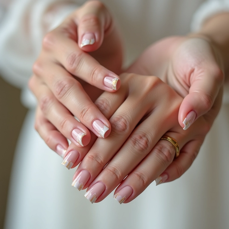 Francesinha clássica repaginada com detalhes em dourado nas unhas de uma noiva.