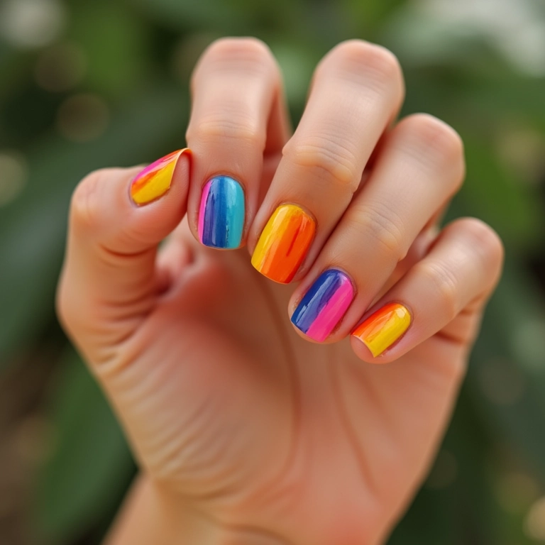 Francesinha colorida em unhas bem cuidadas.