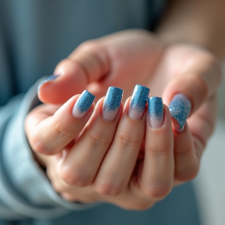 Francesinha com glitter azul em unhas bem cuidadas.