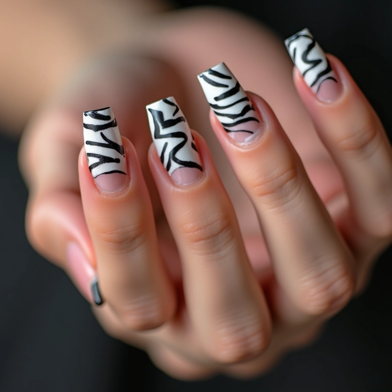 Francesinha com listras de zebra nas pontas das unhas.