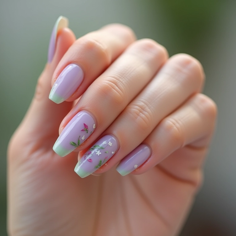 Francesinha lilás com detalhes verdes, unhas delicadas.