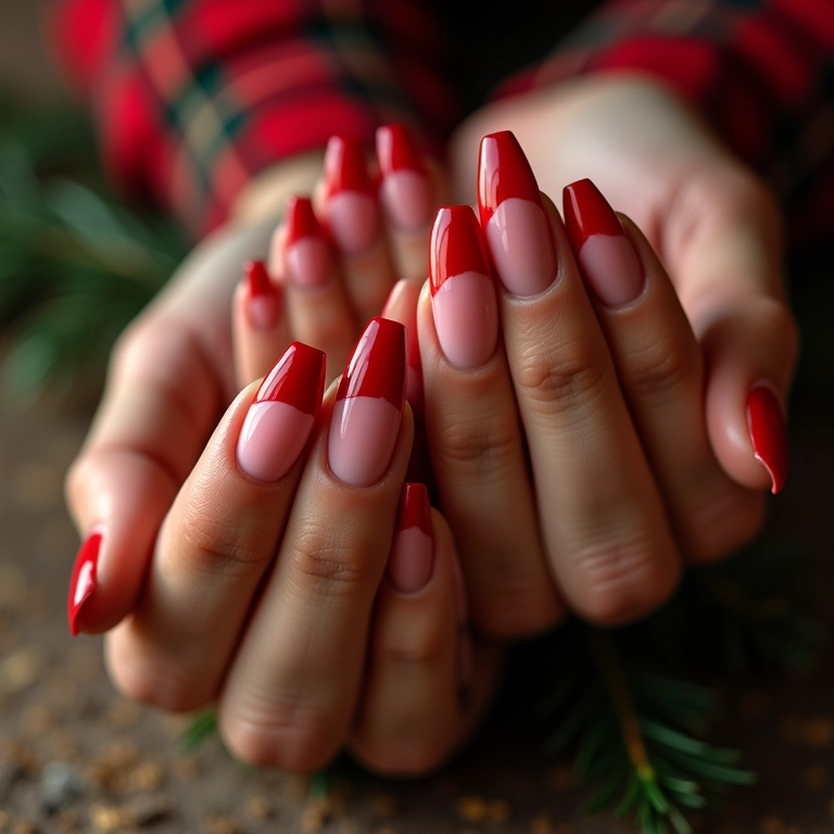 Francesinha natalina com borda vermelha em unhas de gel.