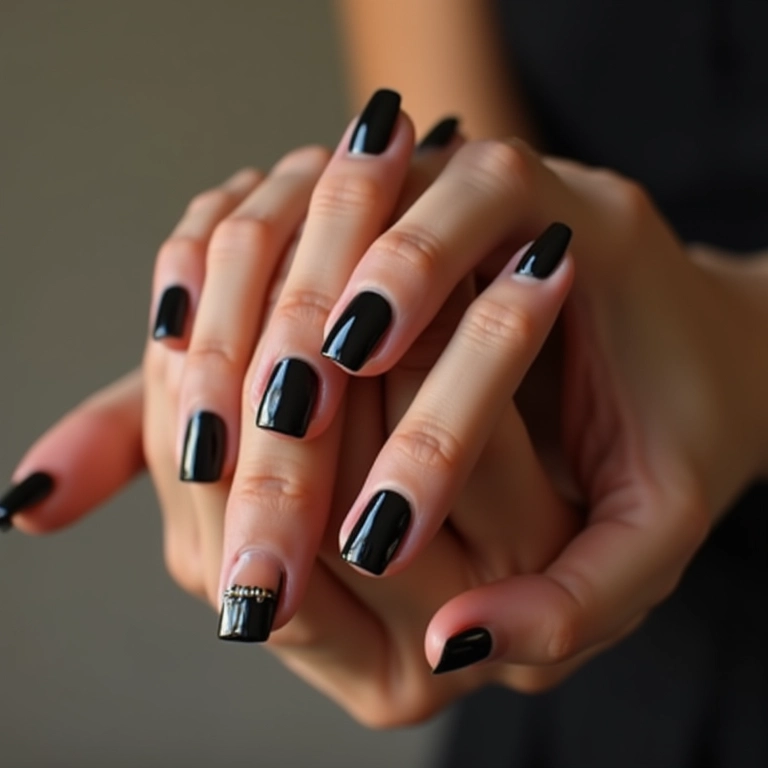Francesinha preta clássica em unhas bem cuidadas.