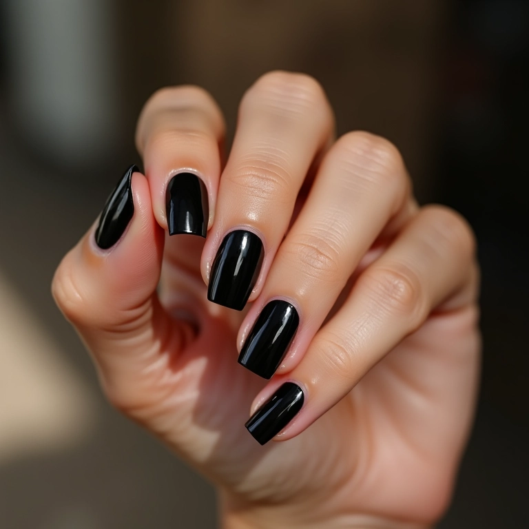 Francesinha preta clássica em unhas femininas.