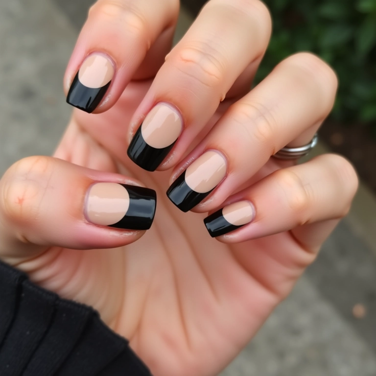 Francesinha repaginada com pontas pretas em unhas bege.