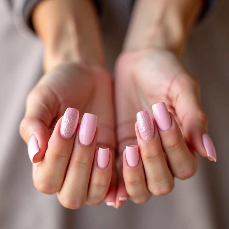 Francesinha rosa bebê com glitter delicado.