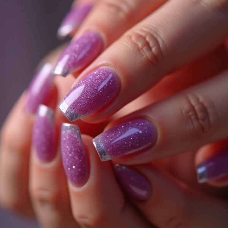 Francesinha roxa com glitter em unhas femininas.