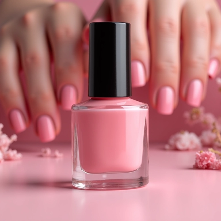 Frasco de esmalte em destaque com unhas esmaltadas ao fundo.