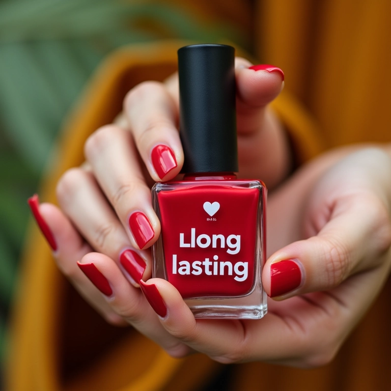 Frasco de fixador de esmalte com o rótulo 'longa duração' e mãos com manicure perfeita.