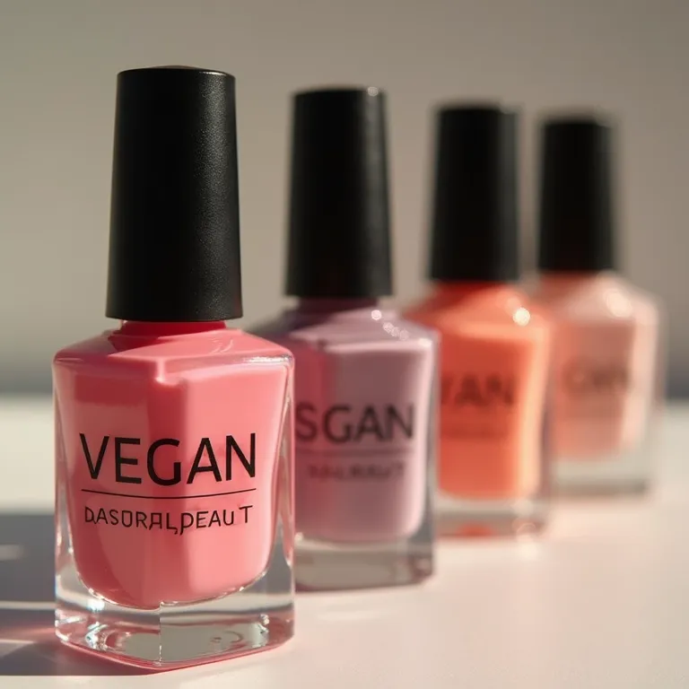 Frascos de esmaltes veganos e cruelty-free, destacando os ingredientes naturais e a beleza ética.