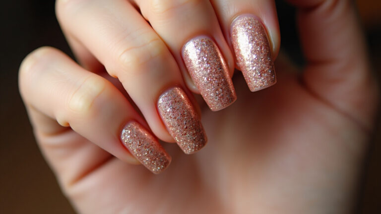 Unha inteira com glitter rosé.