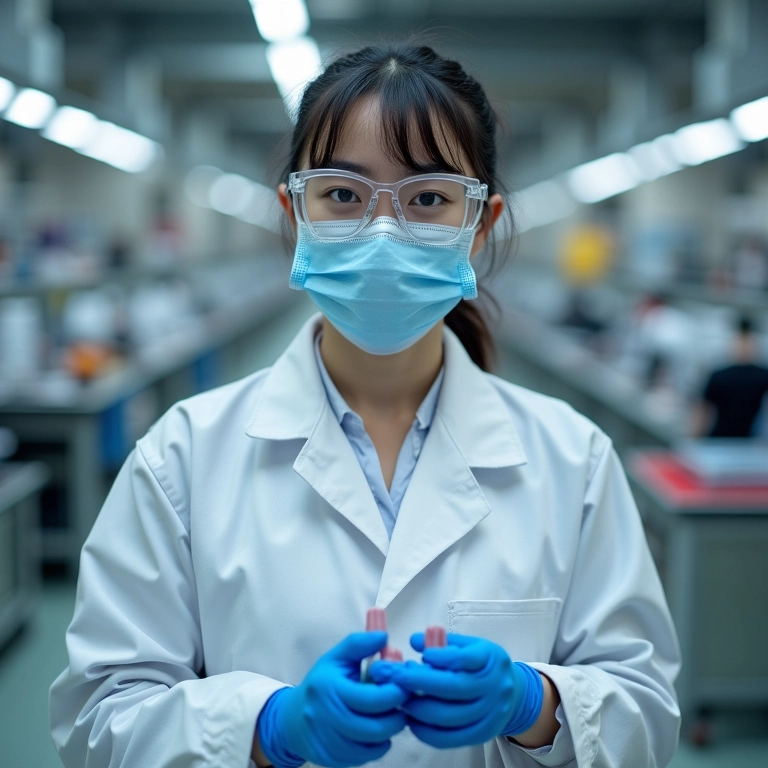 Funcionário usando EPIs em fábrica de esmaltes, segurança.