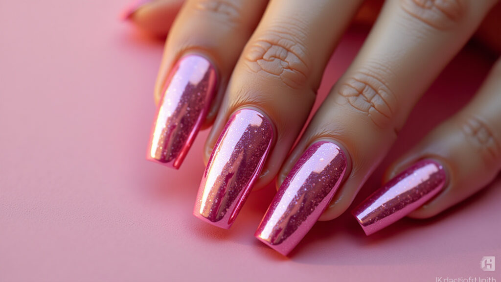 Futuristic Barbie metallic nails with pink and silver, modern and bold, professional photography, Unhas Barbie metalizadas futuristas.