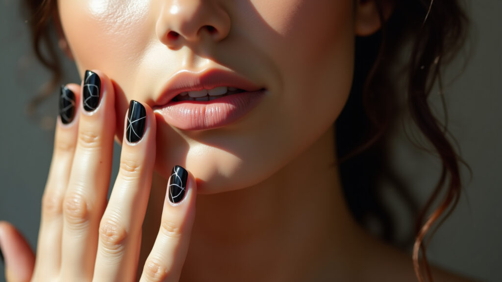 Geometric black nail art, professional photography, 8K, sharp focus, clean lines, Brazilian woman's Unhas pretas com traços geométricos.