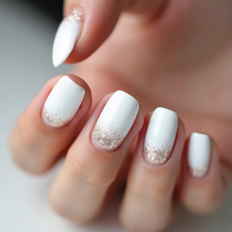 Glitter degradê em unhas brancas.