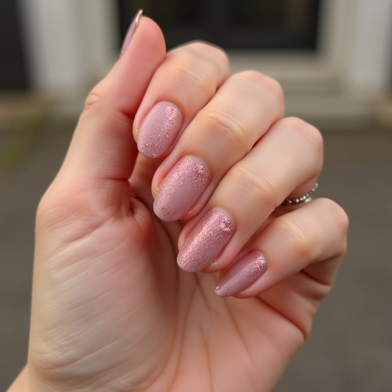 Glitter discreto em unhas de fibra.