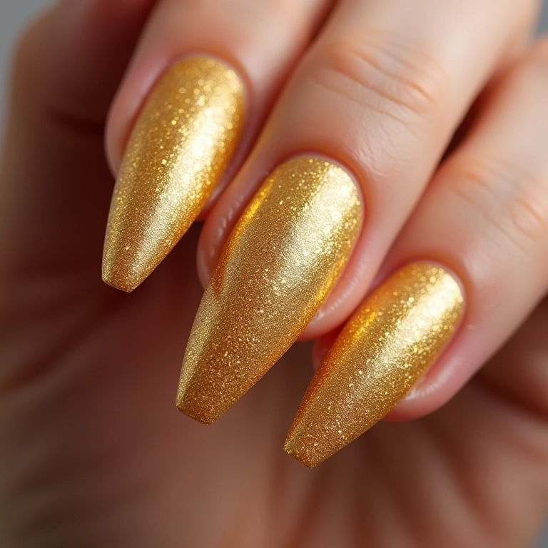 Glitter dourado degradê em unhas longas.