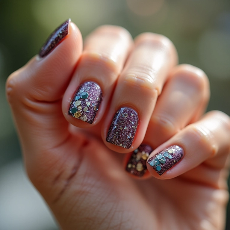 Glitter e pedrarias com tema de gato nas unhas.