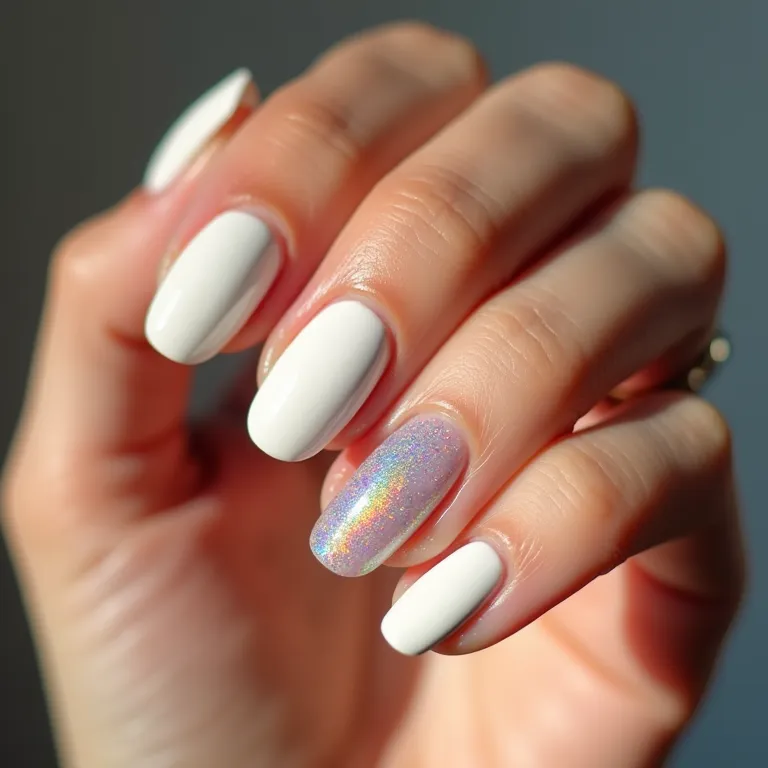 Glitter furta-cor nas unhas brancas, um arco-íris de brilho.