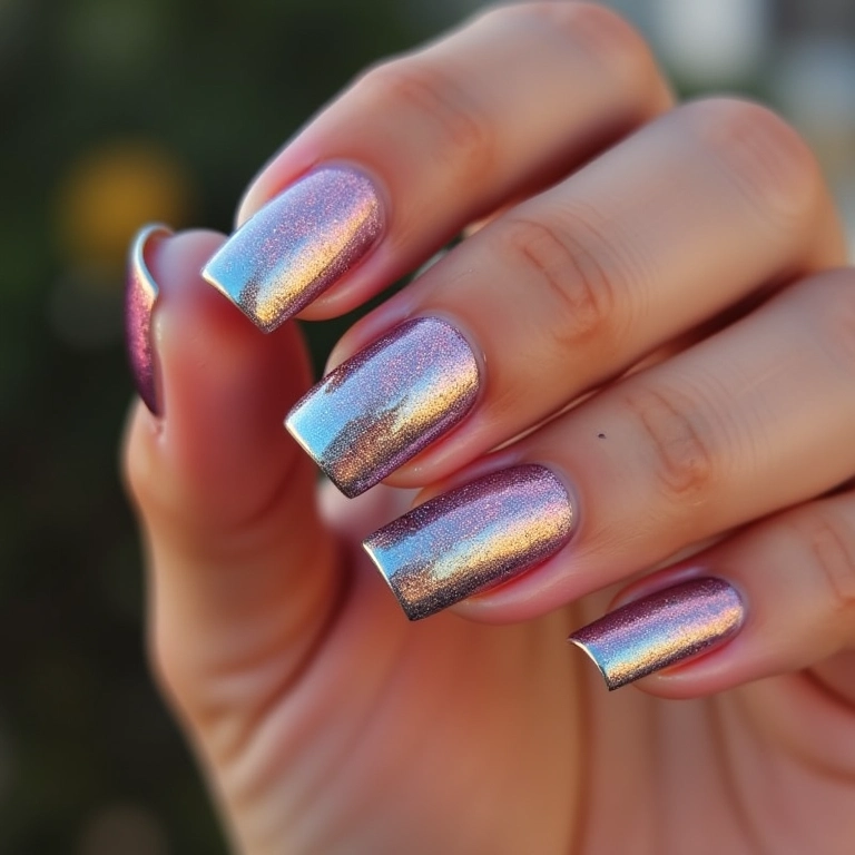 Glitter furta-cor nas unhas com efeito camaleão.