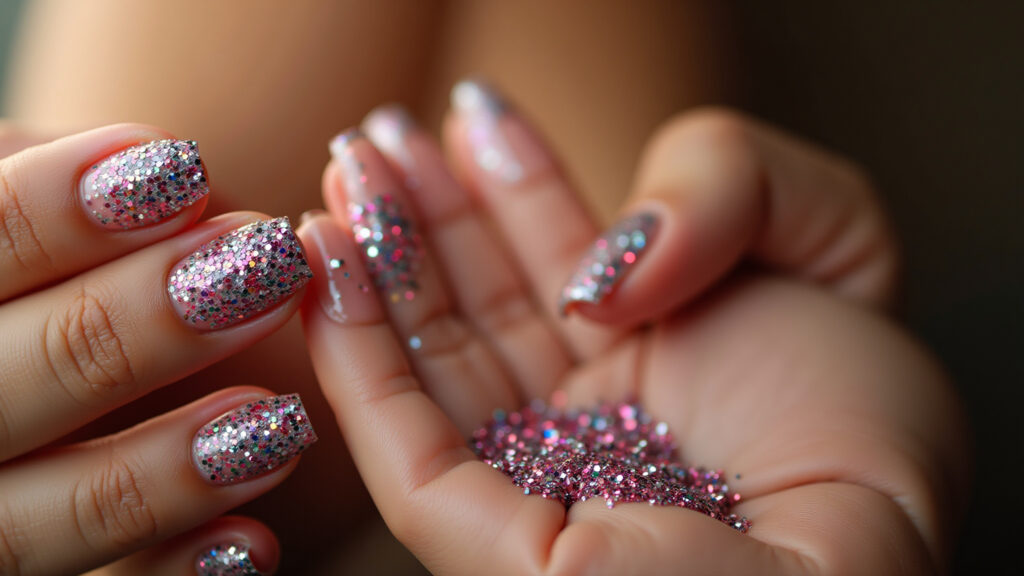 Glitter nail art, loose glitter, festive look, lifestyle photography, 8K quality, sharp focus, Unhas com glitter para um visual festivo.