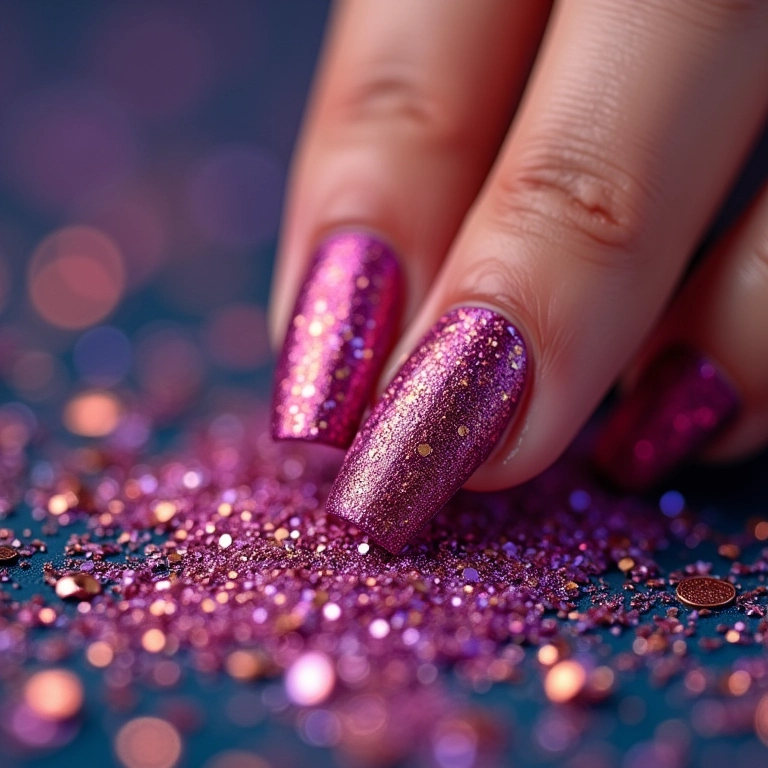 Glitter sendo adicionado na mistura de esmaltes para um efeito brilhante.