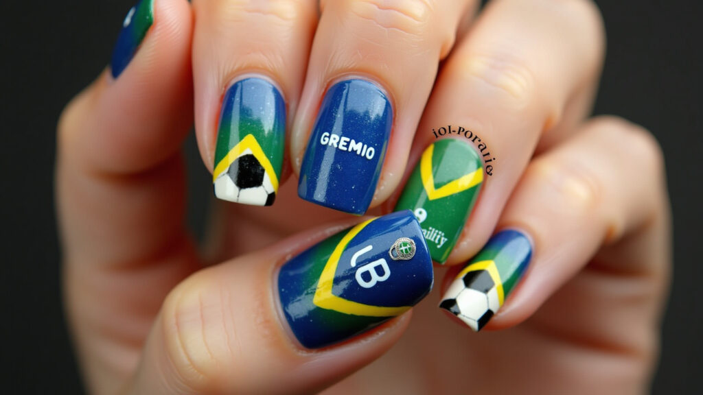 Hand painted with Grêmio themed nail art: soccer ball, jersey. Professional photography, 8K Unhas com desenhos temáticos do Grêmio: bola, camisa.