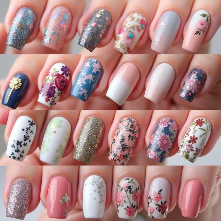 Ideias de decoração para unhas com molde F1: glitter, ombré, floral.