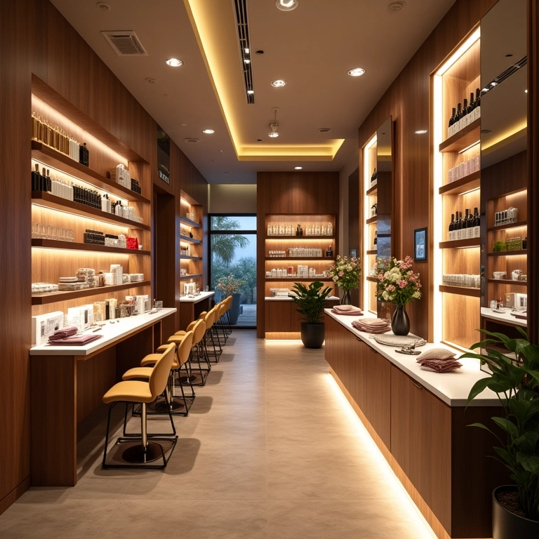 Iluminação estratégica em esmalteria, destacando áreas de manicure e produtos.