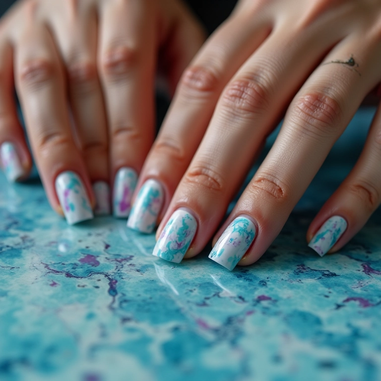 Imersão das unhas na água com o efeito marmorizado.