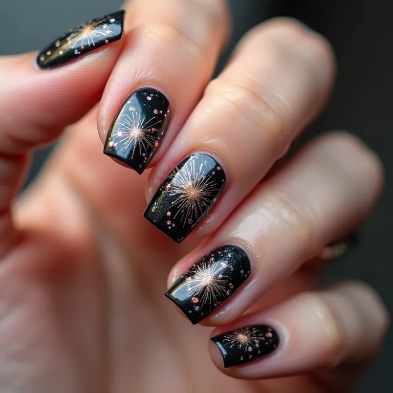 Inspirações criativas para unhas de gel na virada do ano: fogos de artifício e confetes.