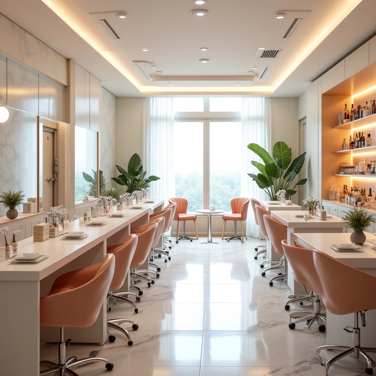 Interior de esmalteria moderna e convidativa, com estações de manicure bem iluminadas.