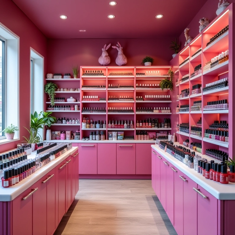 Interior de uma loja de esmaltes colorida e bem iluminada.