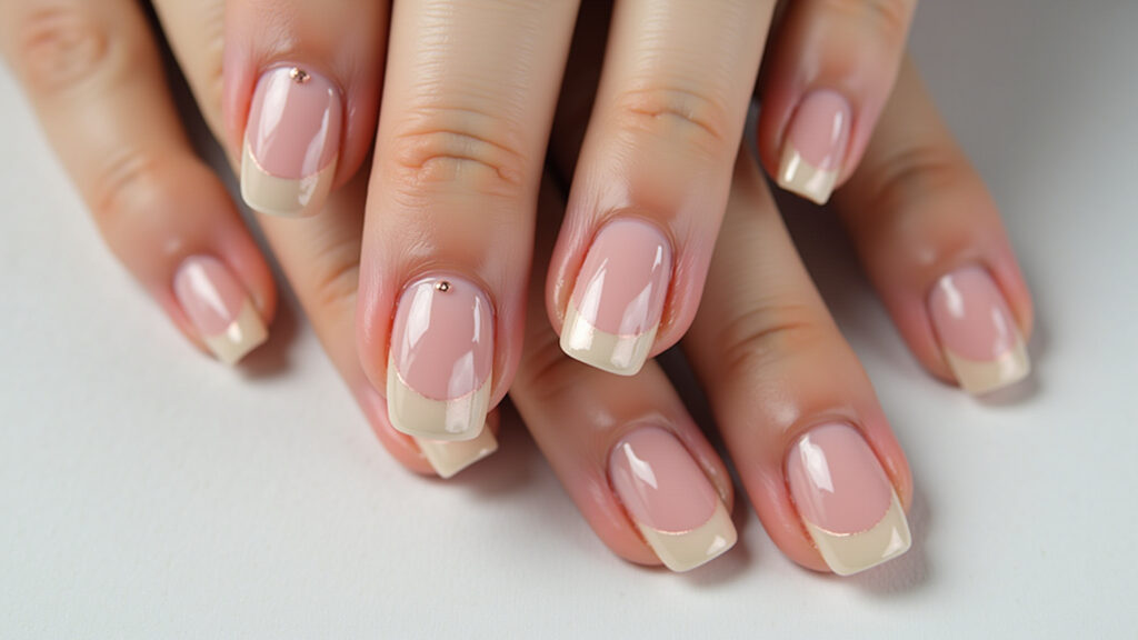 Inverted french manicure with rose gold base and nude tip, professional photography, 8k, modern Francesinha invertida em nude rosé.