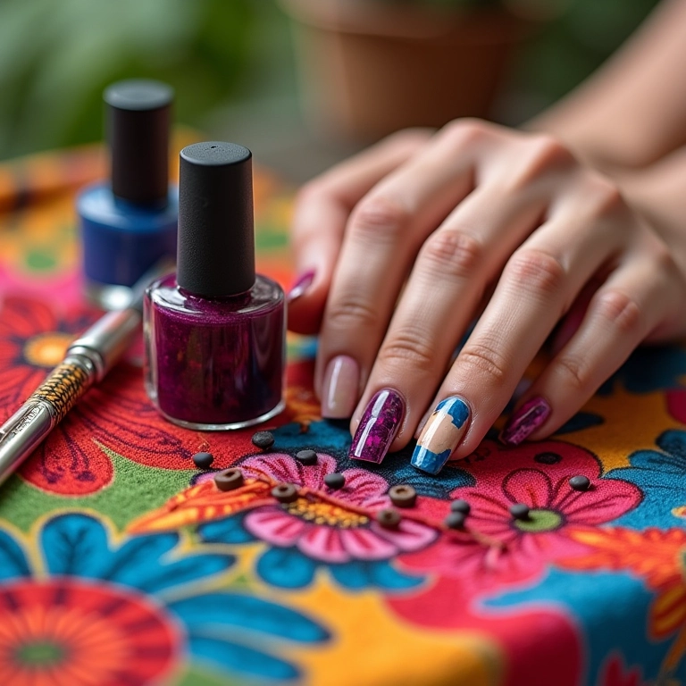 Kit de materiais para unhas decoradas para iniciantes em um tecido brasileiro colorido.