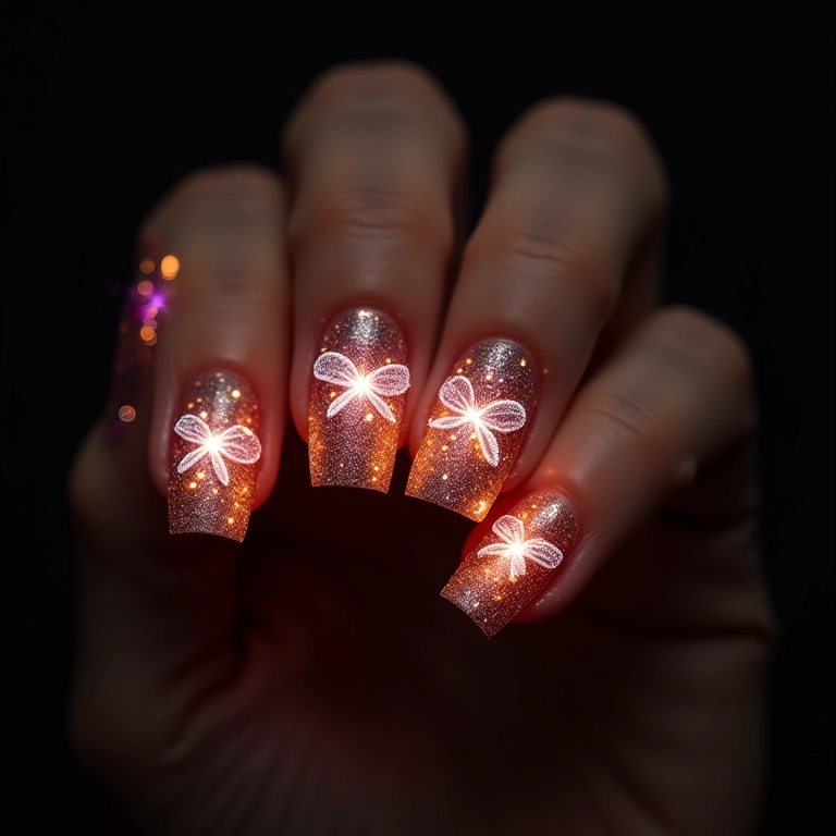 Laços de glitter brilhantes nas unhas.
