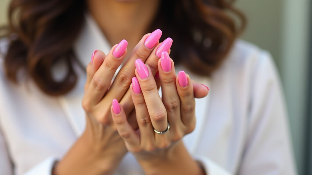 Lifestyle photography of a Brazilian woman's hands with elongated french manicure in gel, vibrant Francesinha alongada com esmalte em gel rosa vibrante.