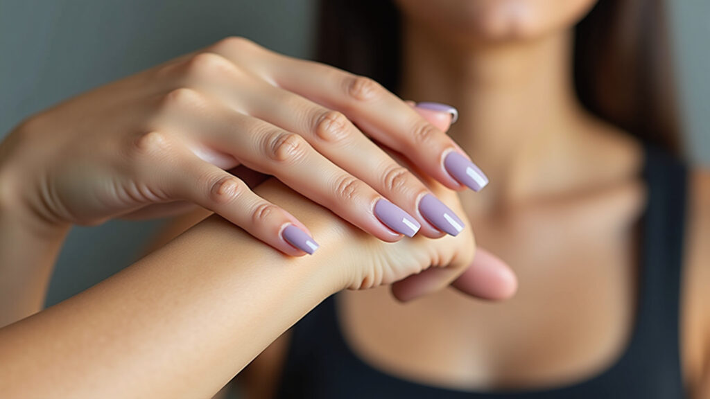 Lifestyle photography of hands with gel nail polish, one nail different color, modern and elegant Filha única com esmalte em gel: destaque para uma unha.