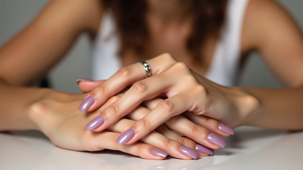 Lifestyle photography of hands with gradient nails in gel, harmonious colors, Brazilian woman, Unhas degradê com esmalte em gel: cores que se misturam.