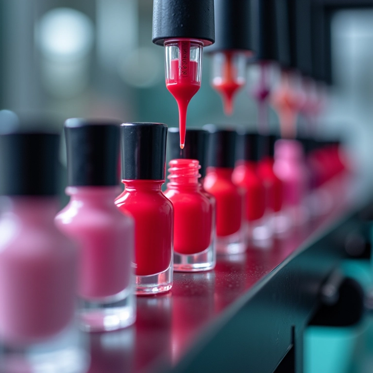 Linha de produção de esmaltes coloridos, com máquinas modernas.