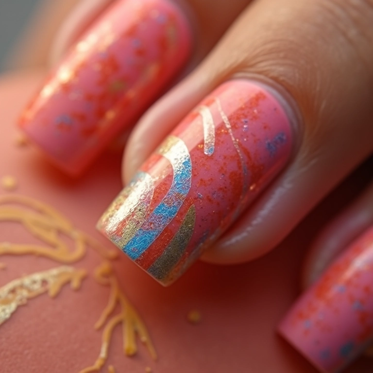 Linhas coloridas sobre base neutra nas unhas.