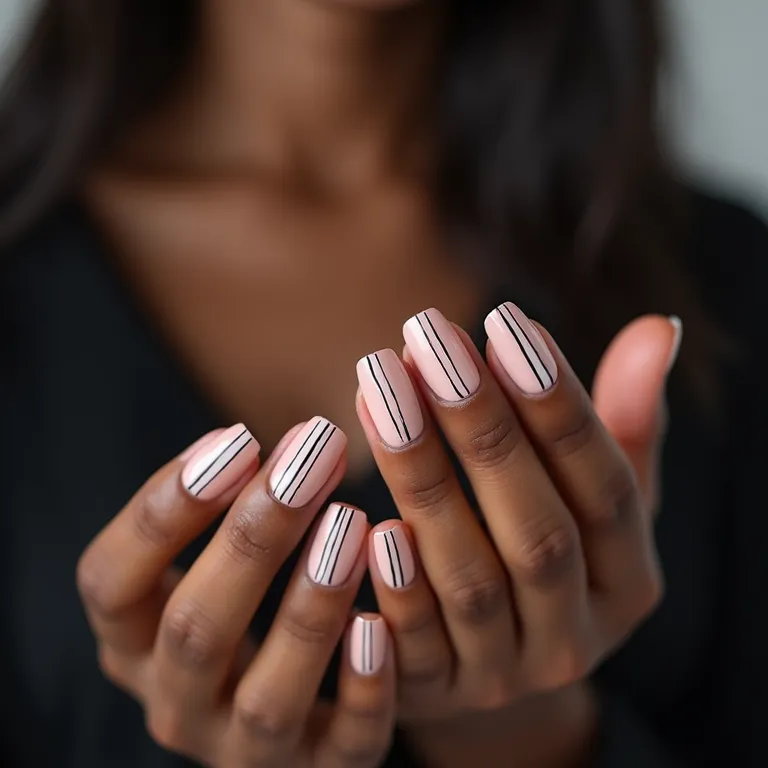 Linhas finas e geométricas em unhas de gel.