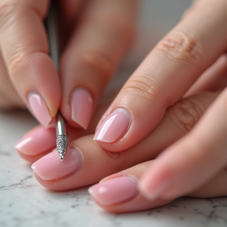 Lixando a camada superior da unha de gel antes da remoção.