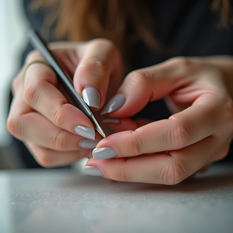 Lixando a unha após a colagem com esmalte.