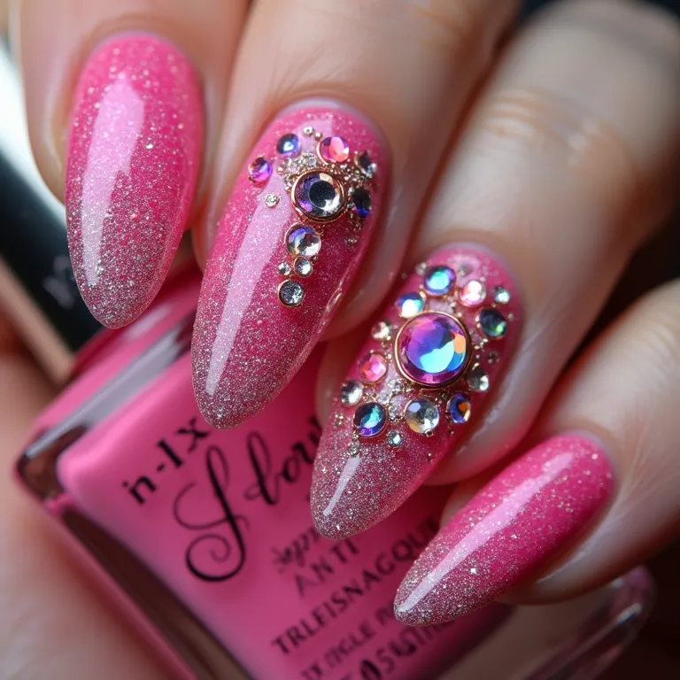 Luxo e sofisticação em unhas com pedrarias neon.