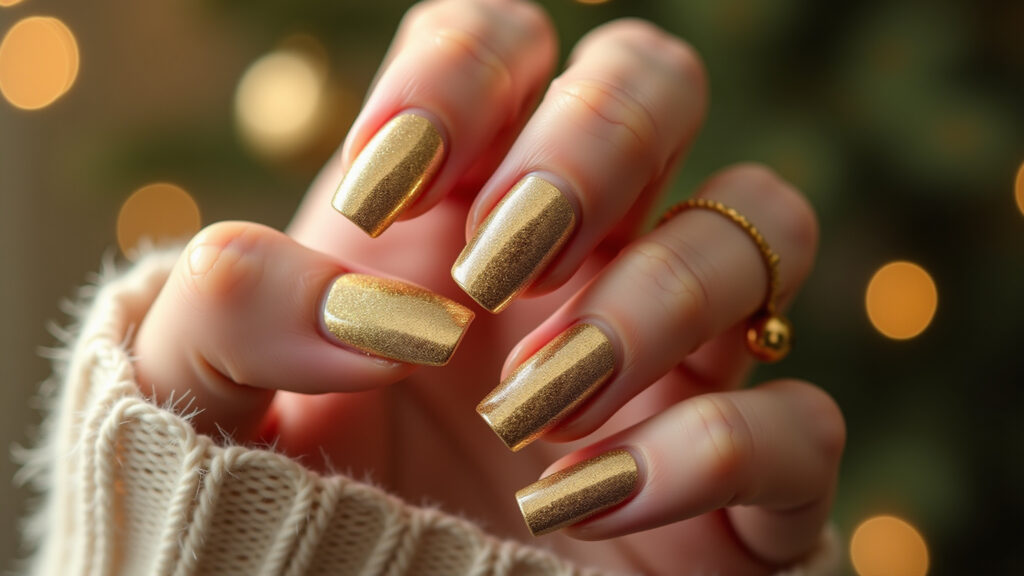 Luxurious gold Christmas nails, golden accessories, festive. Professional photography, 8K quality, Unhas douradas para o Natal, luxo e glamour.